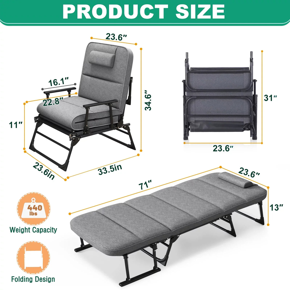 Lilypelle Outdoor Lounge Chair,Folding Bed Cot 6 Levels Adjustable Reclining Deck Chair,71 x 23.6 x 13 inch