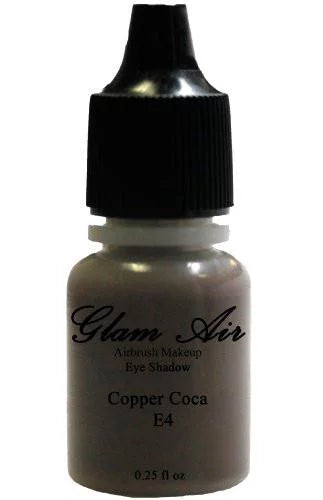 Bottles of Eyeshadow Shimmery Green, Copper Cocoa, Fair Gold. Oz. Glam Air Set of Three (3) s-E1 Fair Gold E4Copper Cocoa, &amp; E9shimmery Green,  Airbrush moisture-based 0.25 Fl
