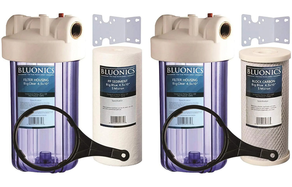 Two 4.5 x 10" Big Blue Whole House Sediment & Carbon moisture Filters