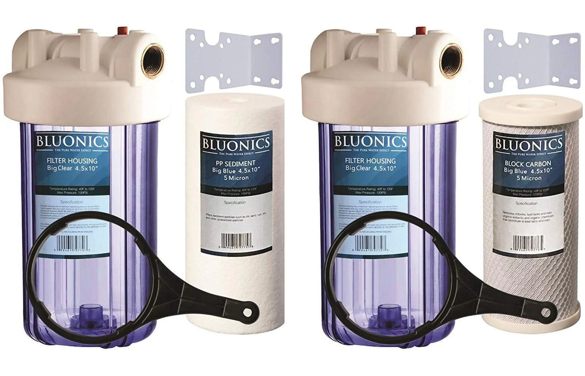 Two 4.5 x 10" Big Blue Whole House Sediment & Carbon moisture Filters