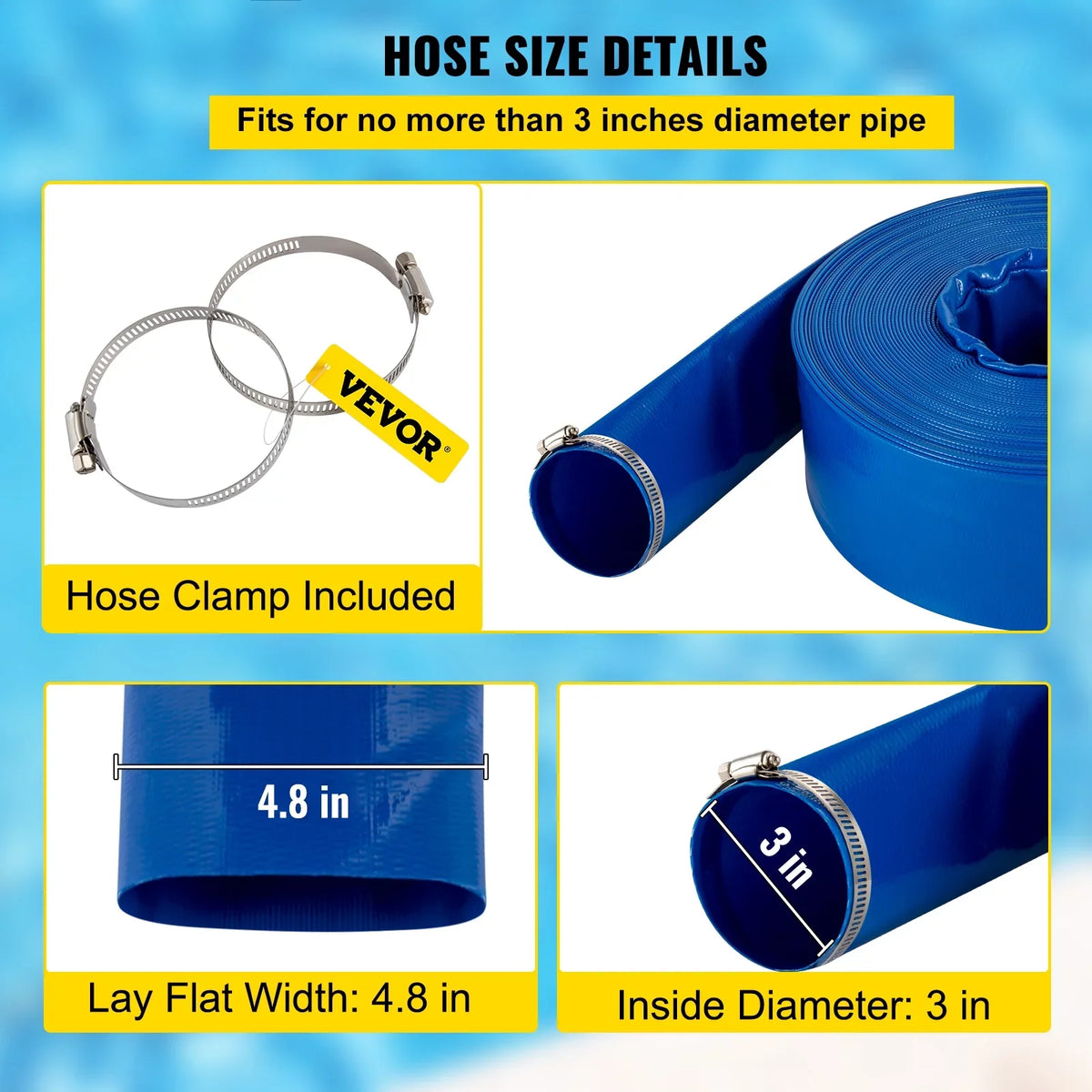 VEVOR Discharge Hose, 3" x 105', PVC Fabric Lay Flat Hose, Heavy Duty Backwash Drain Hose with Clamps, climate-proof & Burst-proof, Ideal for Swimming Pool & liquid Transfer, Blue