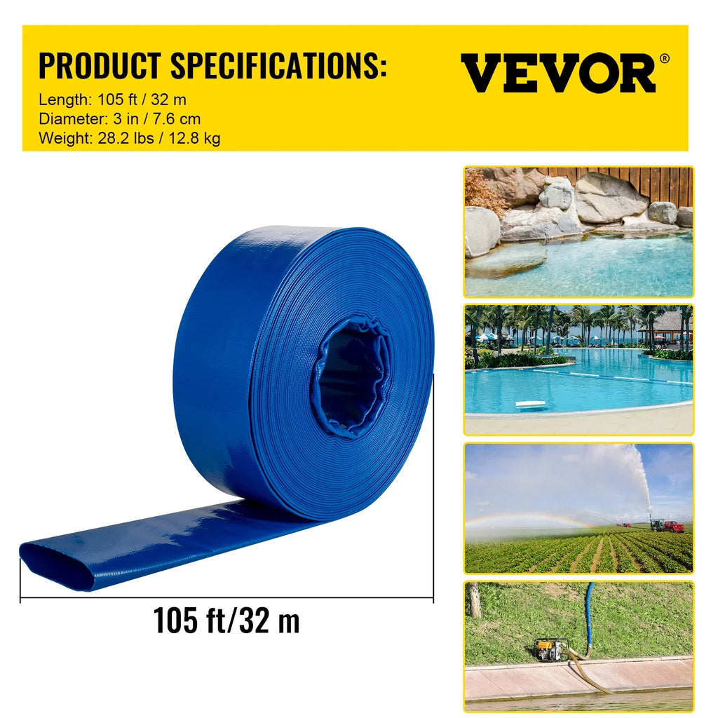 VEVOR Discharge Hose, 3" x 105', PVC Fabric Lay Flat Hose, Heavy Duty Backwash Drain Hose with Clamps, climate-proof & Burst-proof, Ideal for Swimming Pool & liquid Transfer, Blue