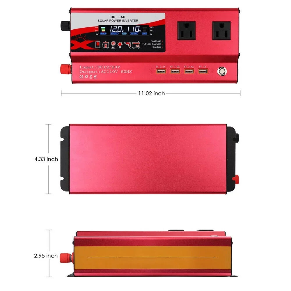 Pure Sine Wave Power Inverter 6000W 12V DC to 110V AC LCD RV Car Converter
