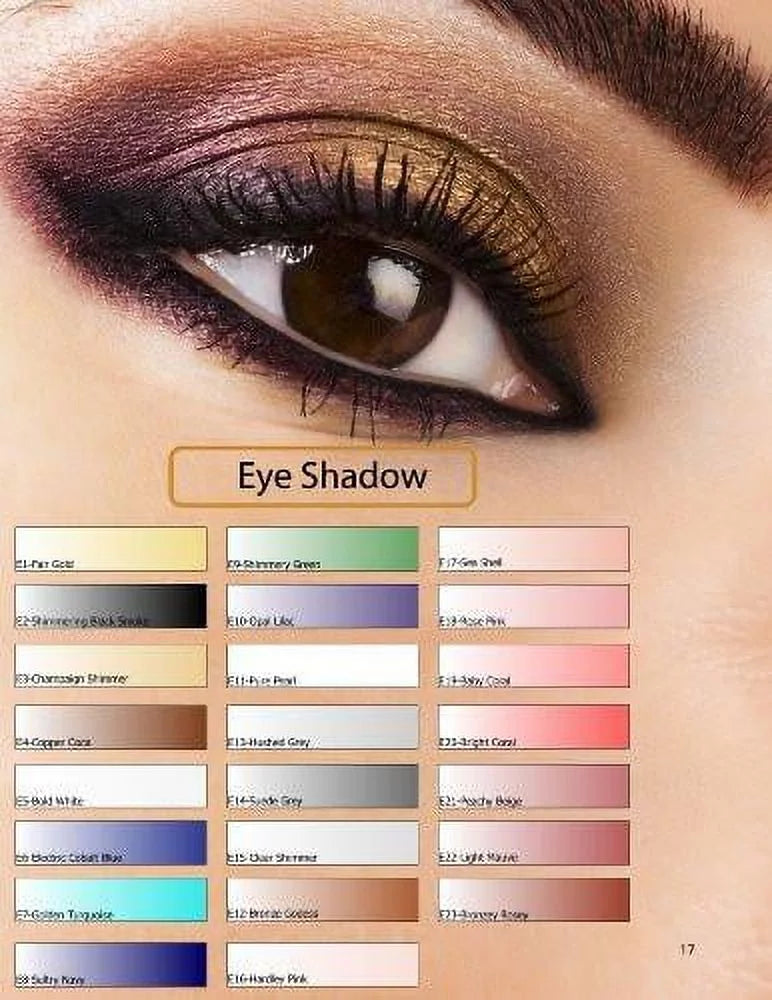 Bottles of Eyeshadow Shimmery Green, Copper Cocoa, Fair Gold. Oz. Glam Air Set of Three (3) s-E1 Fair Gold E4Copper Cocoa, &amp; E9shimmery Green,  Airbrush moisture-based 0.25 Fl