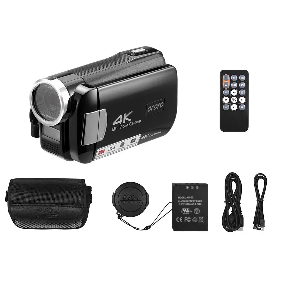 Carevas AC2 4K Digital Video DV Recorder 48MP 30X Digital Zoom IR 3.0 Inch IPS Touchscreen with Battery Remote Control Carry Bag