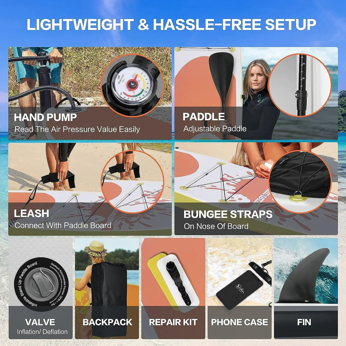 KEHOMY Inflatable Stand Up Paddle Board Simple Deluxe Premium SUP for All Skill Levels, Orange for Adults & Youth, Blow Up with Accessories & Backpack, Surf Control