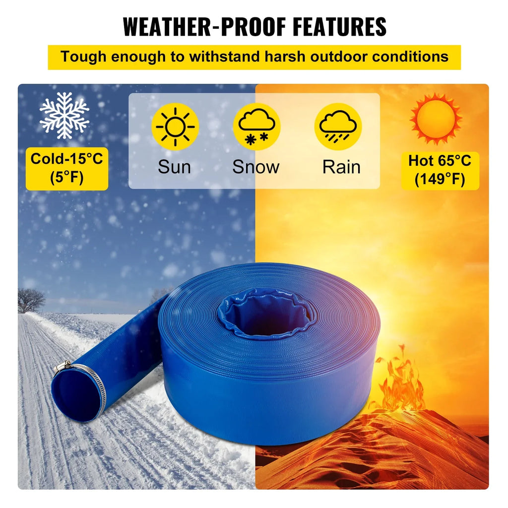VEVOR Discharge Hose, 3" x 105', PVC Fabric Lay Flat Hose, Heavy Duty Backwash Drain Hose with Clamps, climate-proof & Burst-proof, Ideal for Swimming Pool & liquid Transfer, Blue