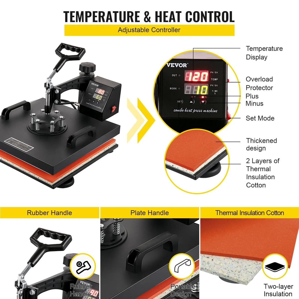 VEVOR Heat Press Machine 15"x15" 8 in 1 Combo Digital Multifunctional Sublimation Heat Transfer Machine Dual LED Display 360 Degree Rotation Swing Away