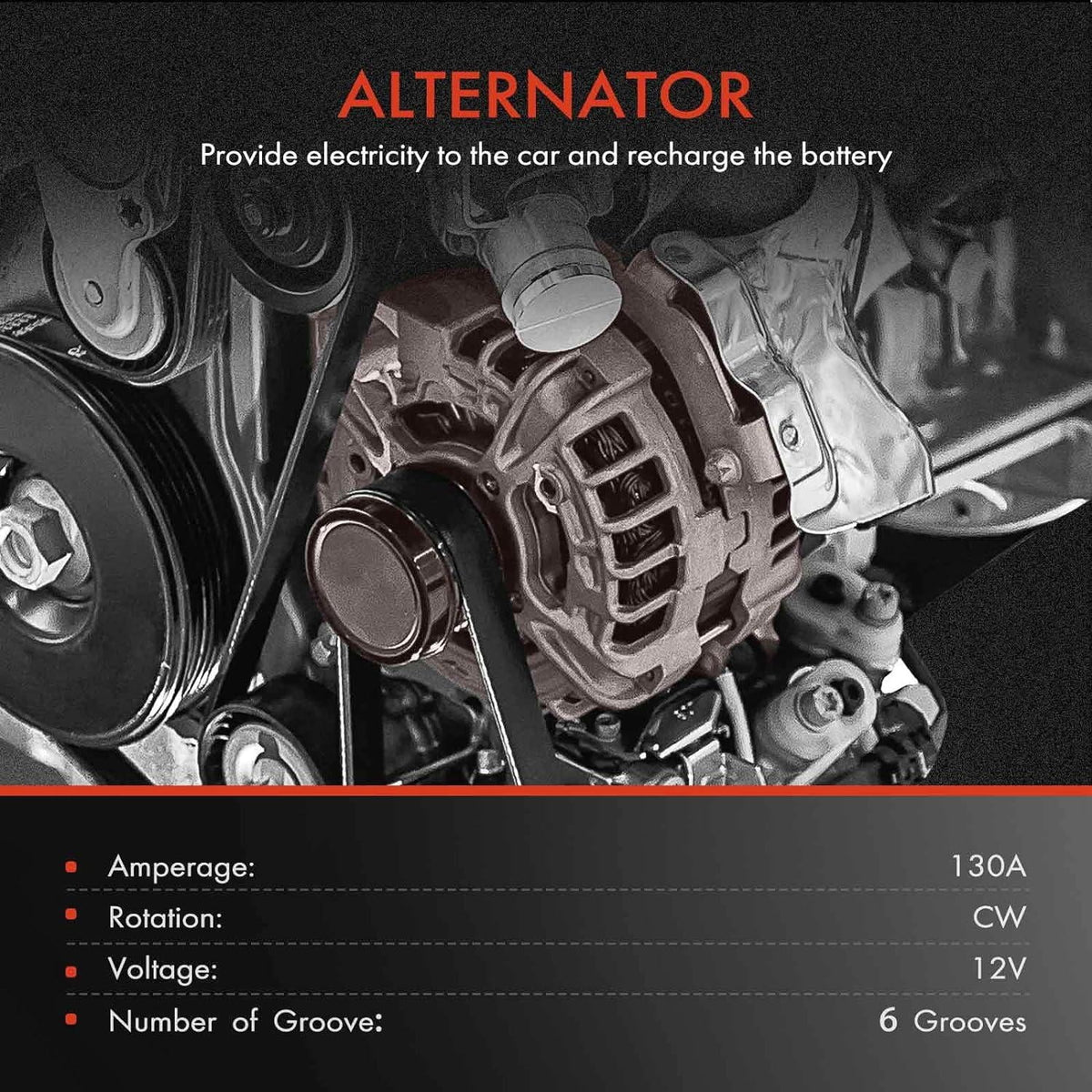 A-Premium Alternator suitable with Honda Odyssey 2011-2013, Pilot 2012-2015, Ridgeline 2012-2014, V6 3.5L, 130Amp 12V CW 6-Groove Pulley, Replace# 31100-RV0-A01