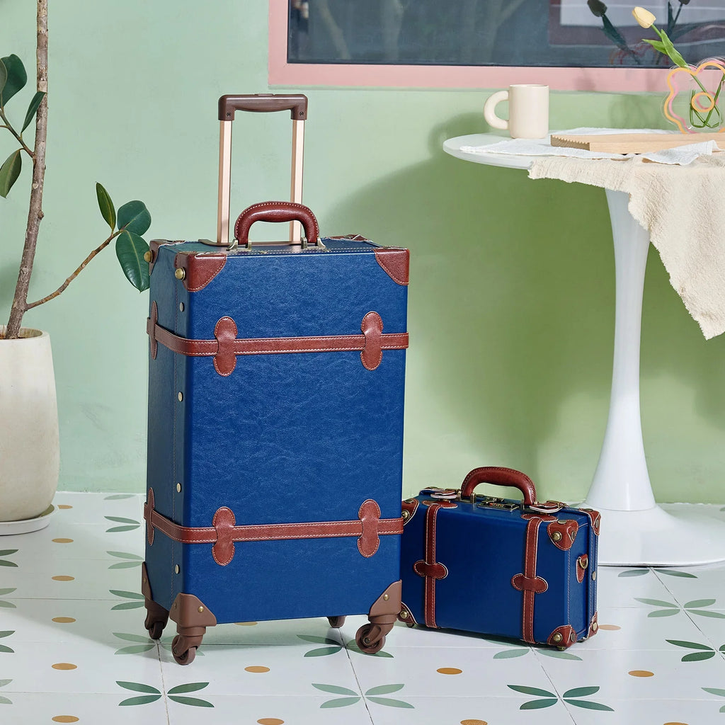 CO-Z Vintage Trunk Combination Luggage Sets of 2 Piece, Travel Carry On Suitcase for Women with Spinner Wheels 24"+12",Blue