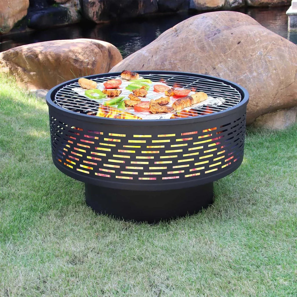 UPYOOE Outdoor Fire Pits, Portable Wood Fire Pit, 26" Wood Burning Fire Pit with Wood Table shield, Lightweight Portable Outdoor Firepit, Backyard Fireplace for Outside Camping Bonfire Garden Yard