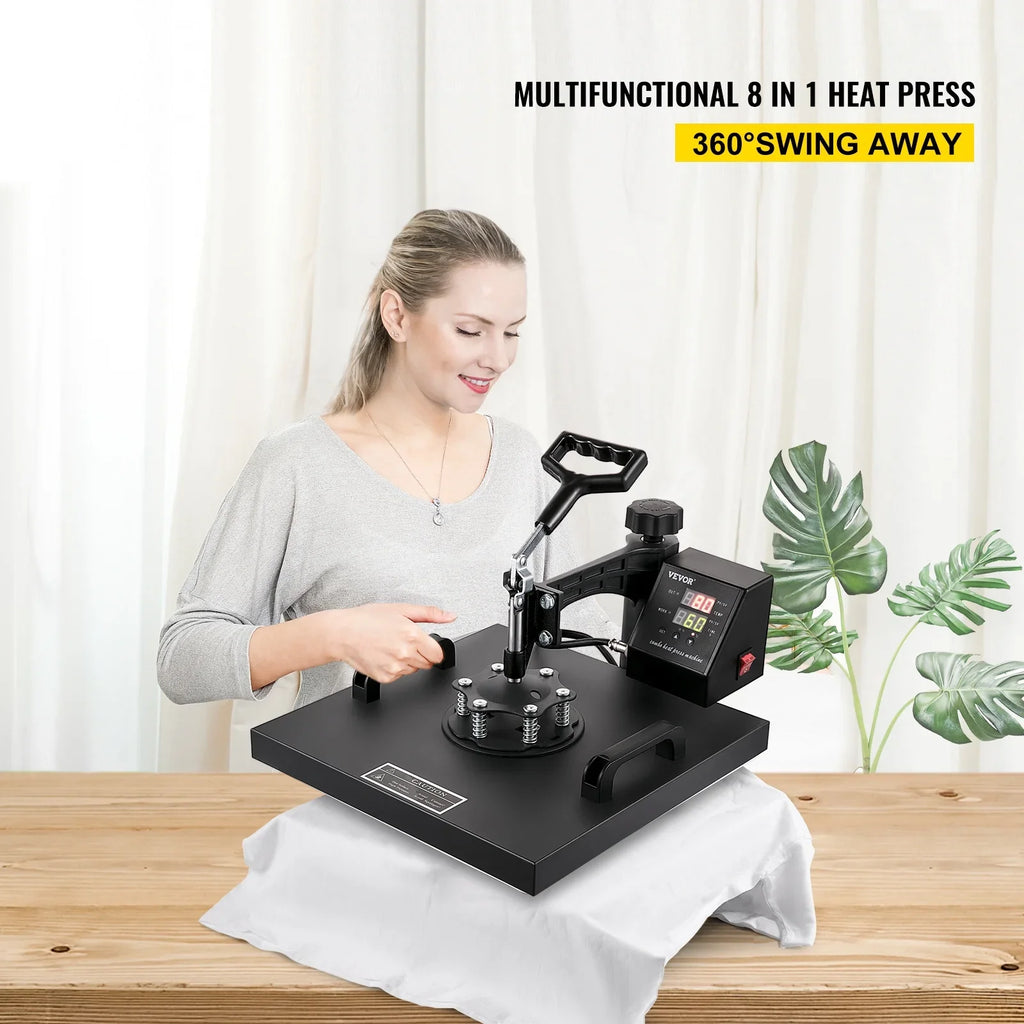 VEVOR Heat Press Machine 15"x15" 8 in 1 Combo Digital Multifunctional Sublimation Heat Transfer Machine Dual LED Display 360 Degree Rotation Swing Away