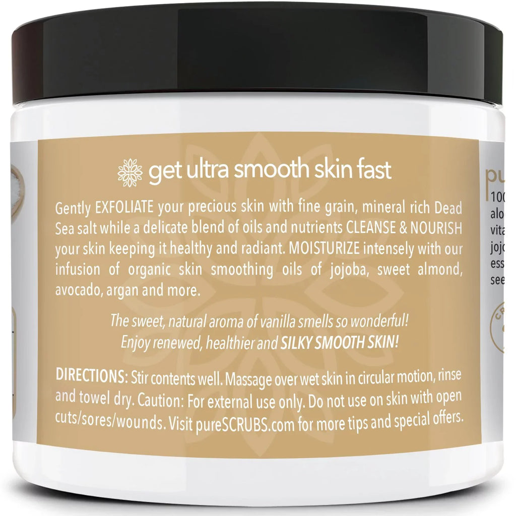 pureSCRUBS Premium Organic Body Scrub Set - Large 16oz VANILLA BODY SCRUB - Pure Dead Sea Salt Infused With Organic Essential Oils & Nutrients + FREE Wooden Spoon, Loofah & Mini Exfoliating Bar Soap