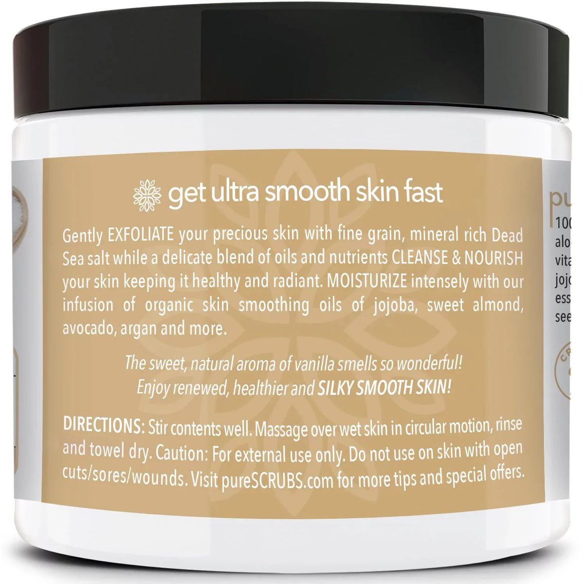 pureSCRUBS Premium Organic Body Scrub Set - Large 16oz VANILLA BODY SCRUB - Pure Dead Sea Salt Infused With Organic Essential Oils & Nutrients + FREE Wooden Spoon, Loofah & Mini Exfoliating Bar Soap