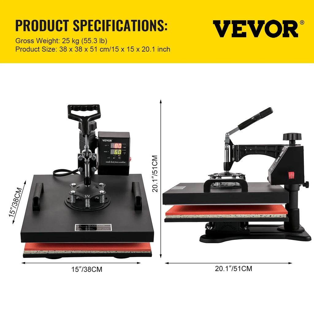 VEVOR Heat Press Machine 15"x15" 8 in 1 Combo Digital Multifunctional Sublimation Heat Transfer Machine Dual LED Display 360 Degree Rotation Swing Away