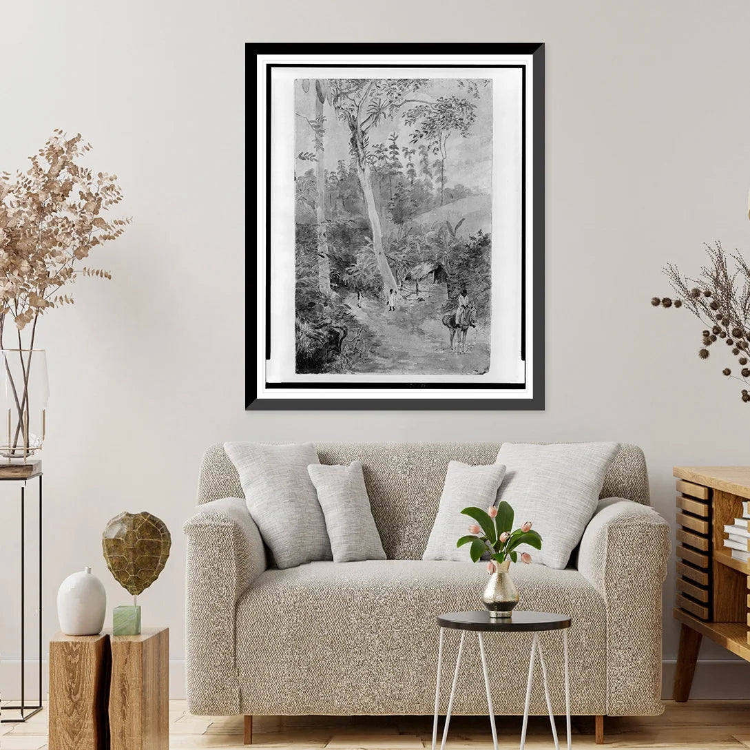 Historic Framed Print, Plantain Walk - Bookkeeper - Watchman and Hut - man with casks of liquid.greattoe in stirrup, 17-7/8" x 21-7/8"