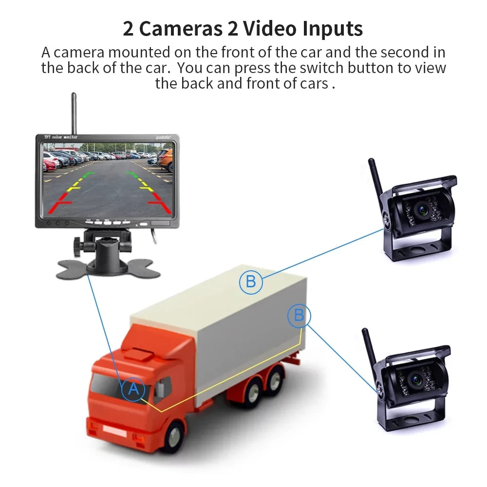 Podofo Wireless Vehicle Truck 2 Backup Parking Assistance System, Ir Night Vision Waterproof Rear View Camera + 7" Monitor for RV Truck Trailer Bus