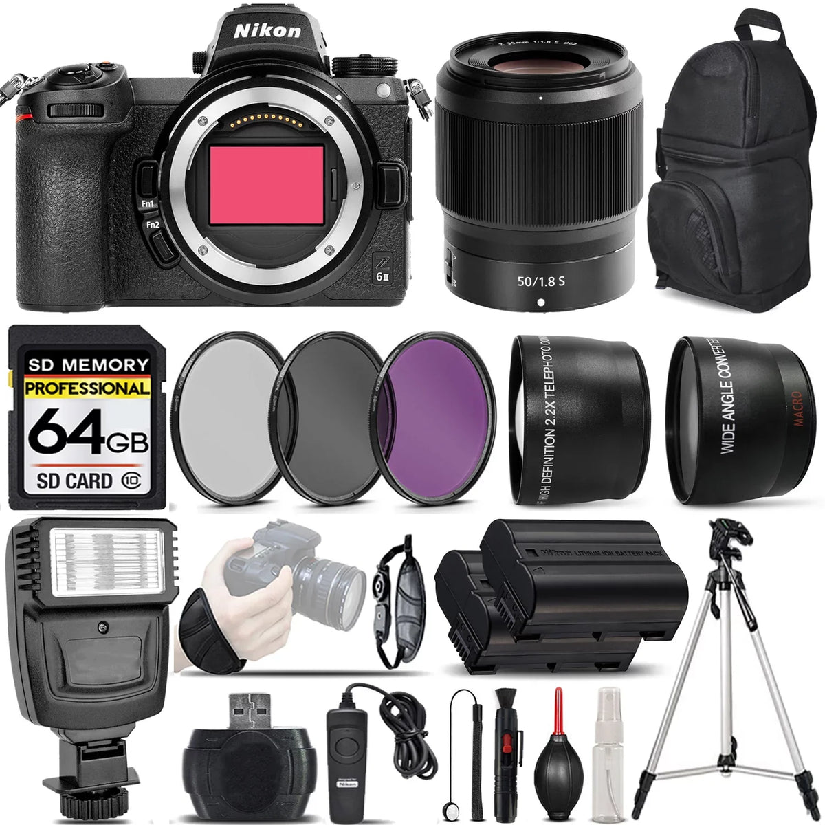 Z6 II Mirrorless Digital Camera with 50mm f/1.8 S Lens + 0.43X Wide Angle Lens + 2.2x Telephoto Lens + Flash + 64GB Memory Card + UV-CPL-FLD Filters + Wireless Remte - International Version