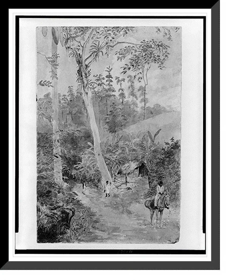 Historic Framed Print, Plantain Walk - Bookkeeper - Watchman and Hut - man with casks of liquid.greattoe in stirrup, 17-7/8" x 21-7/8"