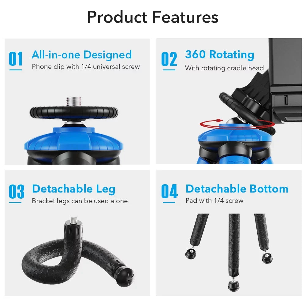 APEXEL APL-JJ07 Detachable Flexible Octopus Tripod Portable Travel Mobile Phone Tripod with Foldable Phone Clip appropriate with DSLR Max Load 3kg
