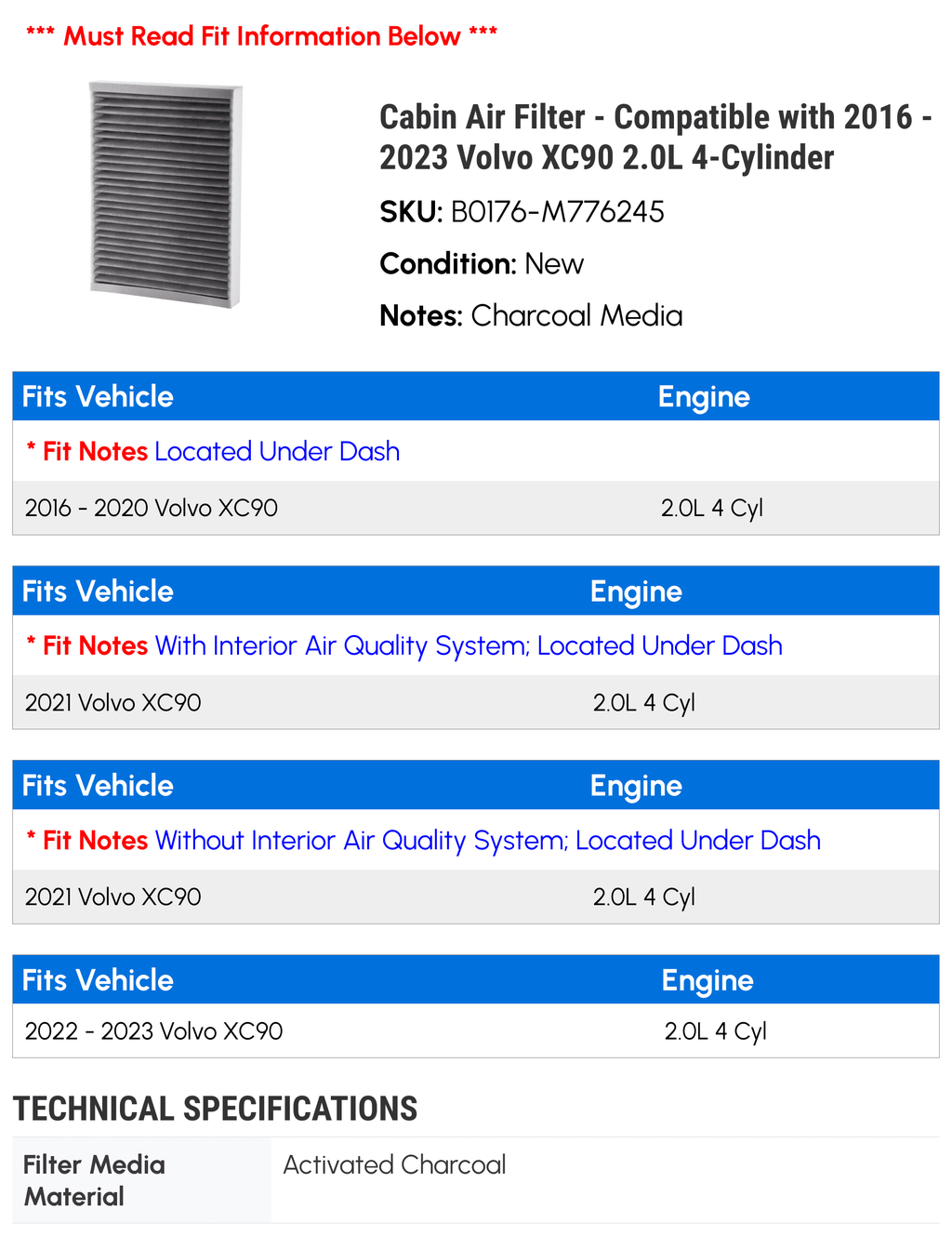 Cabin Air Filter - matching with 2016 - 2023 Volvo XC90 2.0L 4-Cylinder 2017 2018 2019 2020 2021 2022