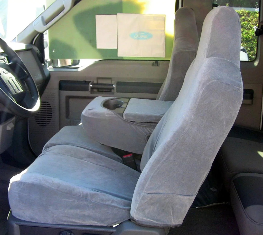 F58 2002-2010  F250-F550 Super Duty Front 40/20/40 Split Bench Seat with Molded Headrests and Opening Center Console in Tan Velour