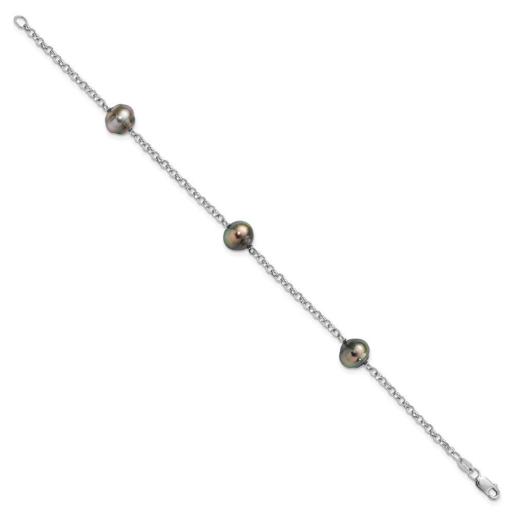 Auriga 925 Sterling Silver 9mm 3Stat Tahit Saltwater Pearl Bracelet 7.5inch for Women