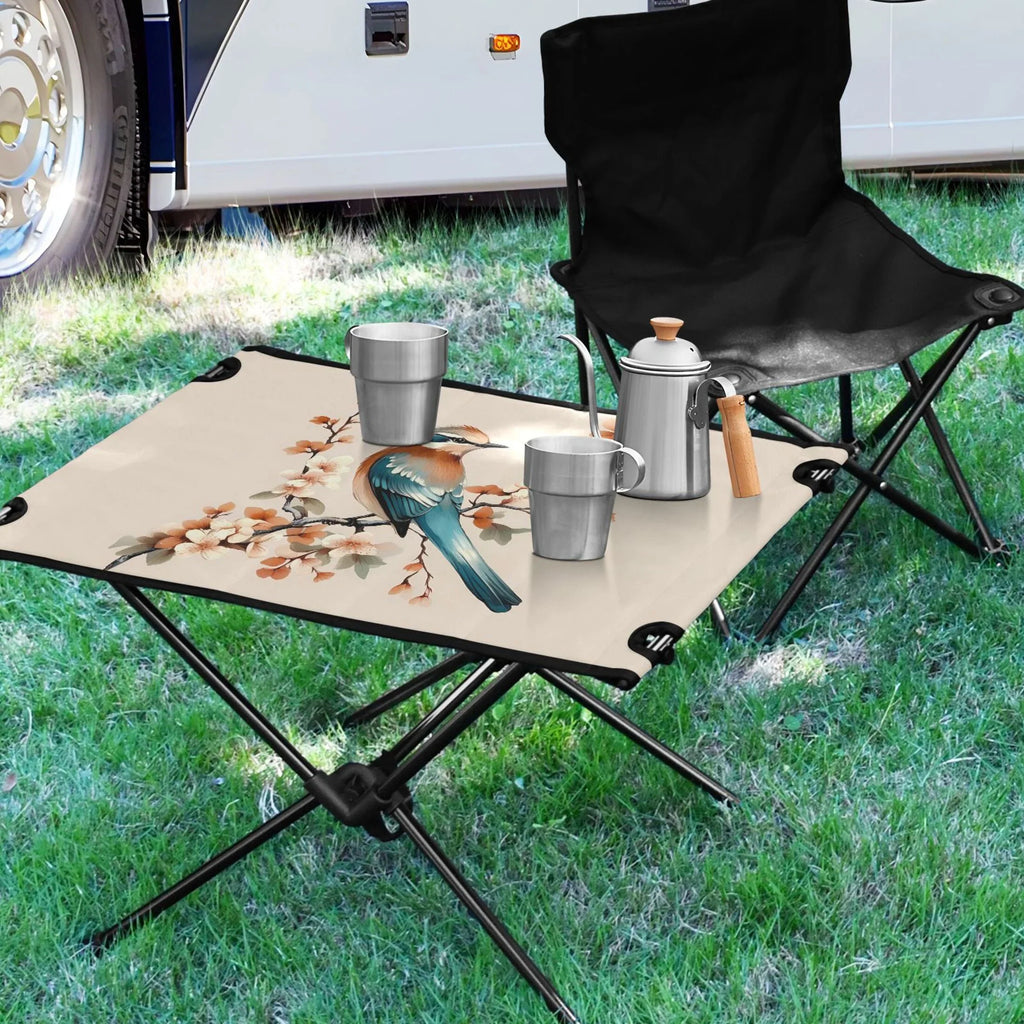 Birds on Flower Branches Camping Folding Table Portable Beach Table with Storage Bag Compact Picnic Table for Outdoor Travel Fishing BBQ