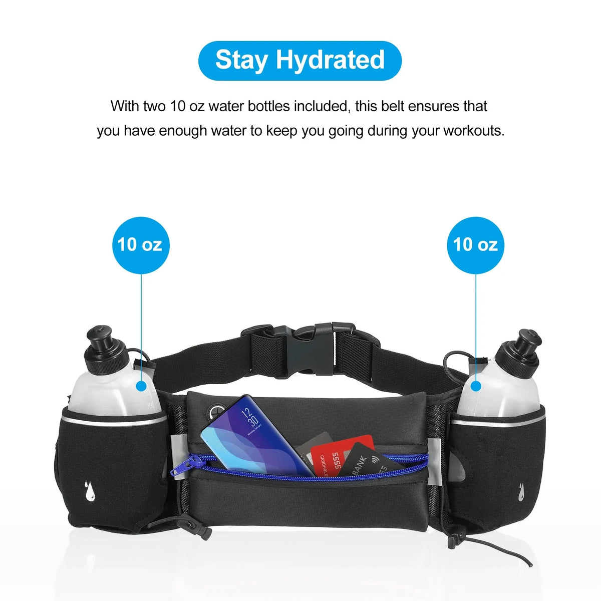 Uxcell Running Belt with aqua Bottles, Hydration Waist Pack Running Pouch, Dark Blue