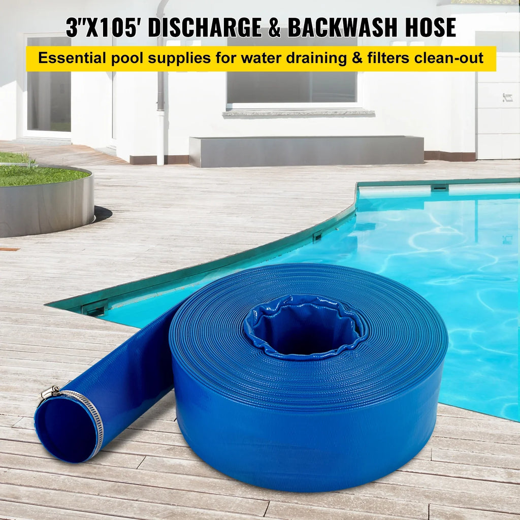 VEVOR Discharge Hose, 3" x 105', PVC Fabric Lay Flat Hose, Heavy Duty Backwash Drain Hose with Clamps, climate-proof & Burst-proof, Ideal for Swimming Pool & liquid Transfer, Blue