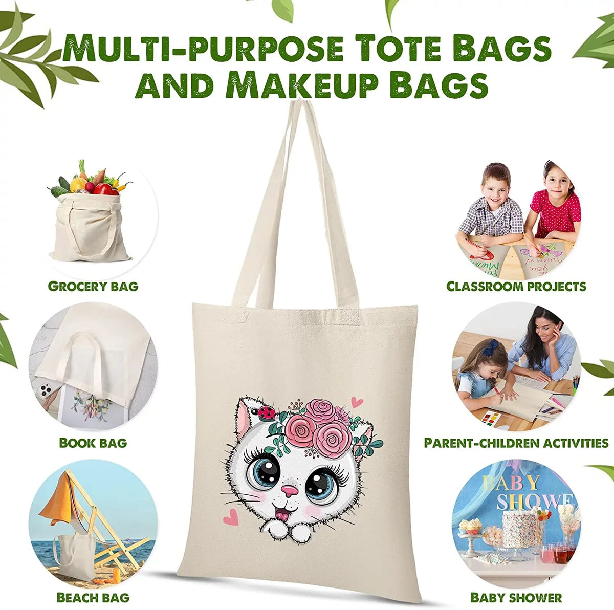 36 Pack 13 x 15 Inch Cotton Canvas Tote Bag Bulk with Handles Blank Shopping Bag for Crafts Lightweight Reusable Grocery Cloth Bag for DIY Advertising Activity Christmas Gift Women