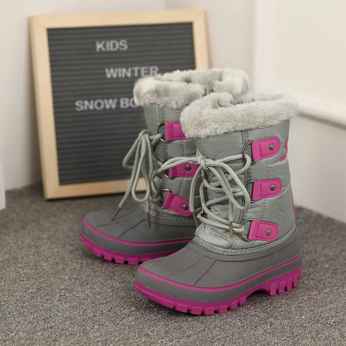 Dream Pairs Boys Girls Toddler Kids Ankle Winter Snow Boots Faux Fur-Lined Soft Boots Shoes Warm FORESTER GREY/FUCHSIA Size 11 little kid