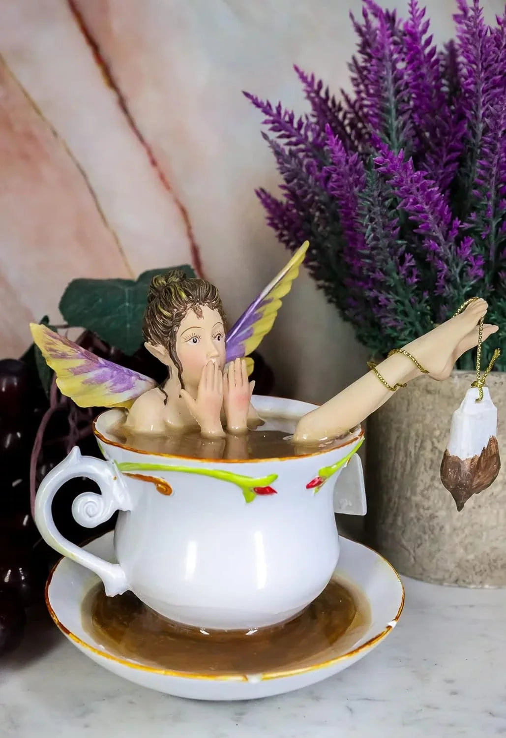 Ebros Magical Encounters Shocked Fairy Bathing In Tea Cup With Cracked Saucer Design Figurine 5" H Fantasy Collectible Tea Time Fairy With Tea Bag