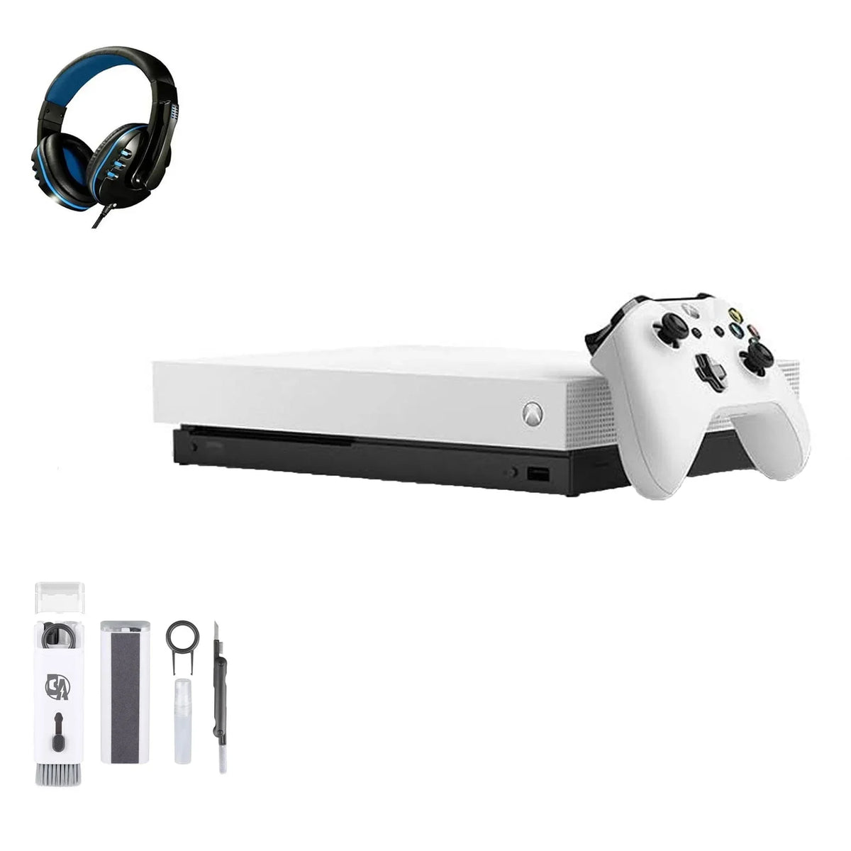 Xbox One X 1TB, 4K Ultra HD White with BOLT AXTION Cleaning Kit Headset Bundle Like New
