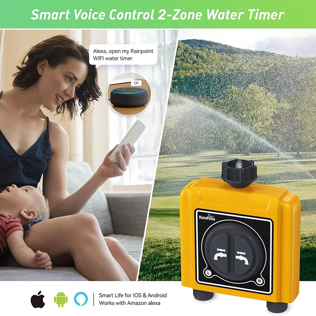 RAINPOINT WiFi Sprinkler Timer 2 Outlets liquid Timer, Smart Hose Timer, 2-Zone Watering System Irrigation Valve Controller with Wi-Fi Hub Socket, Automatic Rain Delay, Voice Control, for Garden Lawn