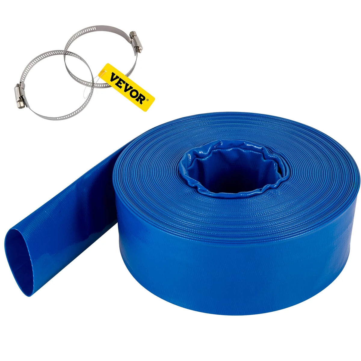 VEVOR Discharge Hose, 3" x 105', PVC Fabric Lay Flat Hose, Heavy Duty Backwash Drain Hose with Clamps, climate-proof & Burst-proof, Ideal for Swimming Pool & liquid Transfer, Blue