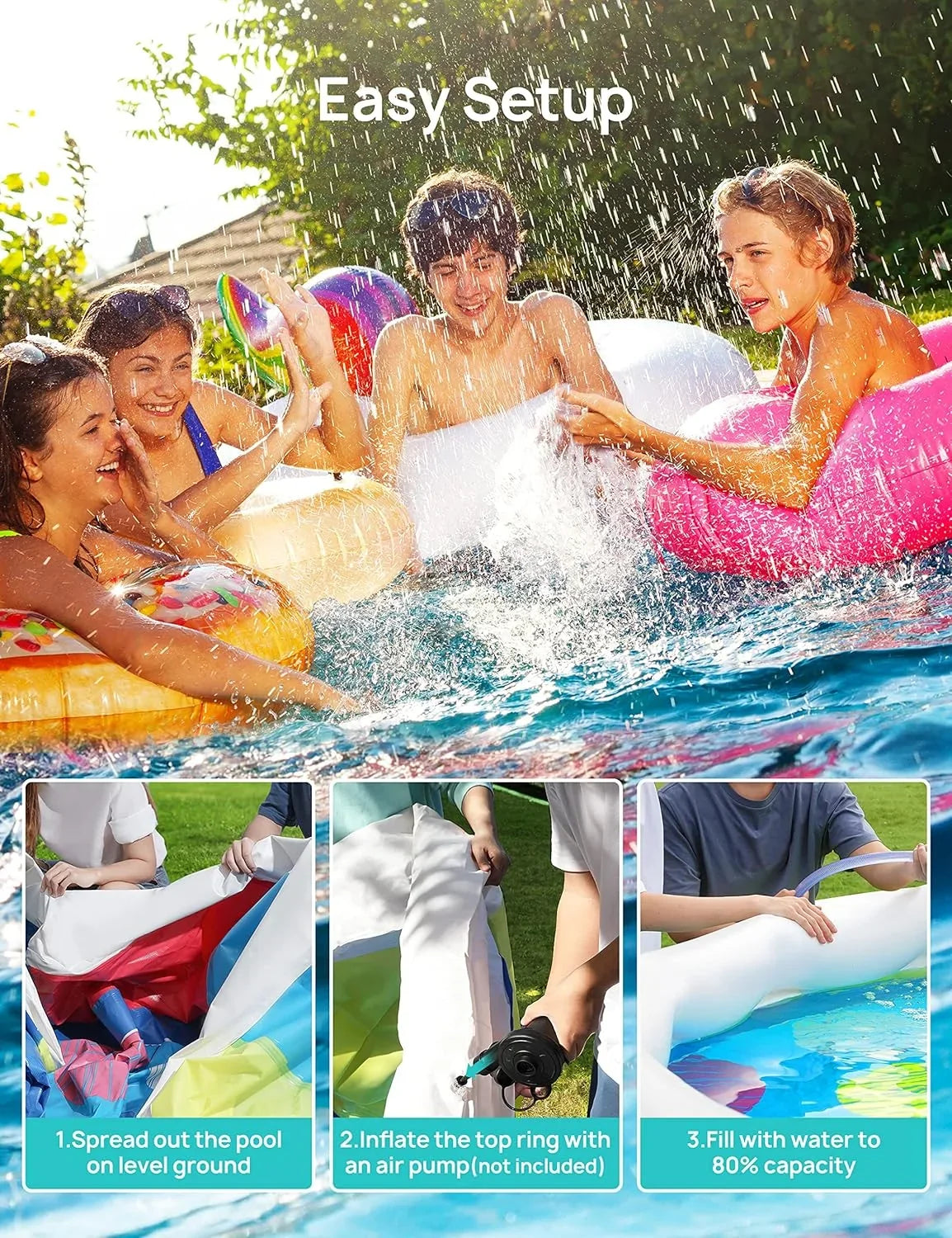 Track 7 15ft *35in Inflatable Swimming Pool Include Filter Pump, Ground Cloth and protector, Blue