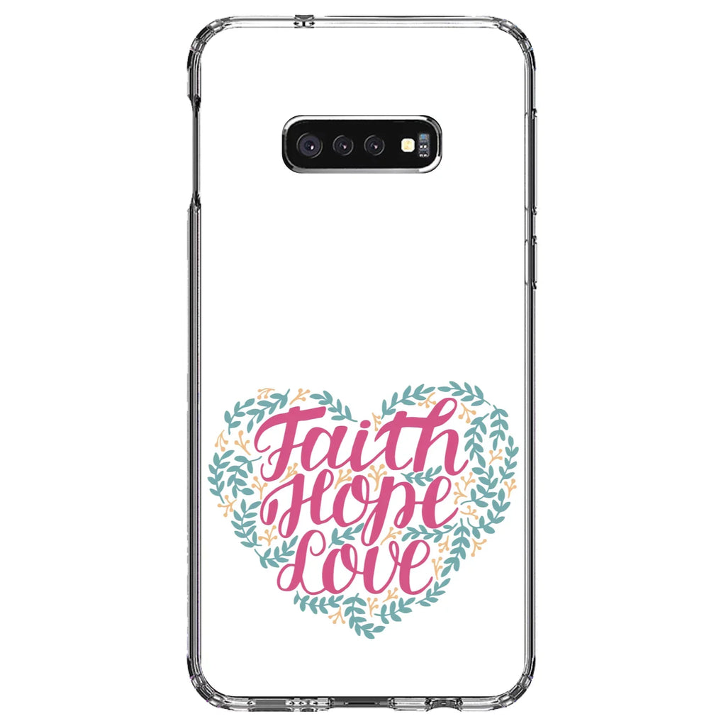 DistinctInk Clear Shockproof Hybrid Case for  Galaxy S10e (5.8" Screen) - TPU Bumper, Acrylic Back, Tempered Glass Screen Protector - Faith / Hope / Love - Floral