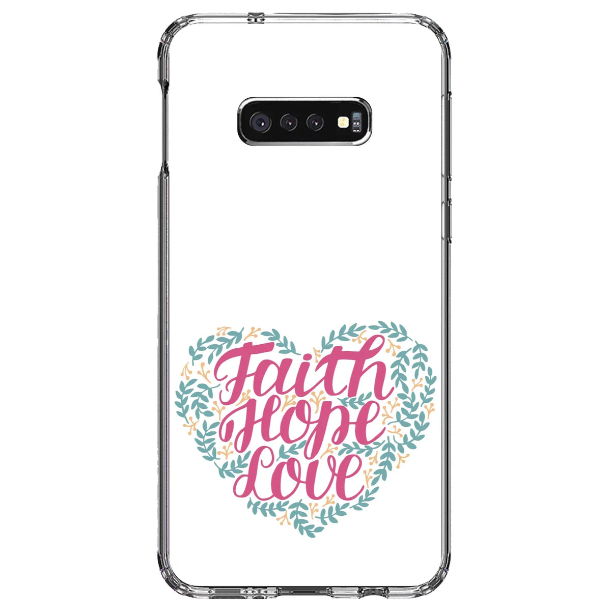 DistinctInk Clear Shockproof Hybrid Case for  Galaxy S10e (5.8" Screen) - TPU Bumper, Acrylic Back, Tempered Glass Screen Protector - Faith / Hope / Love - Floral
