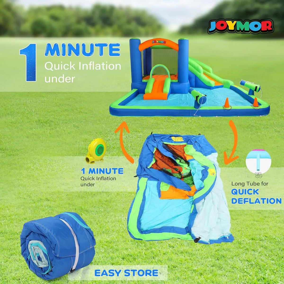 (2024 New) JOYMOR Inflatable moisture Slide Bounce House for Kid 3-6, Inflatable liquid Slide w/Basketball Hoop, aqua Cannon, Ring-Toss Game, Inflatable moisture Bounce House w/Slides, Air Blower